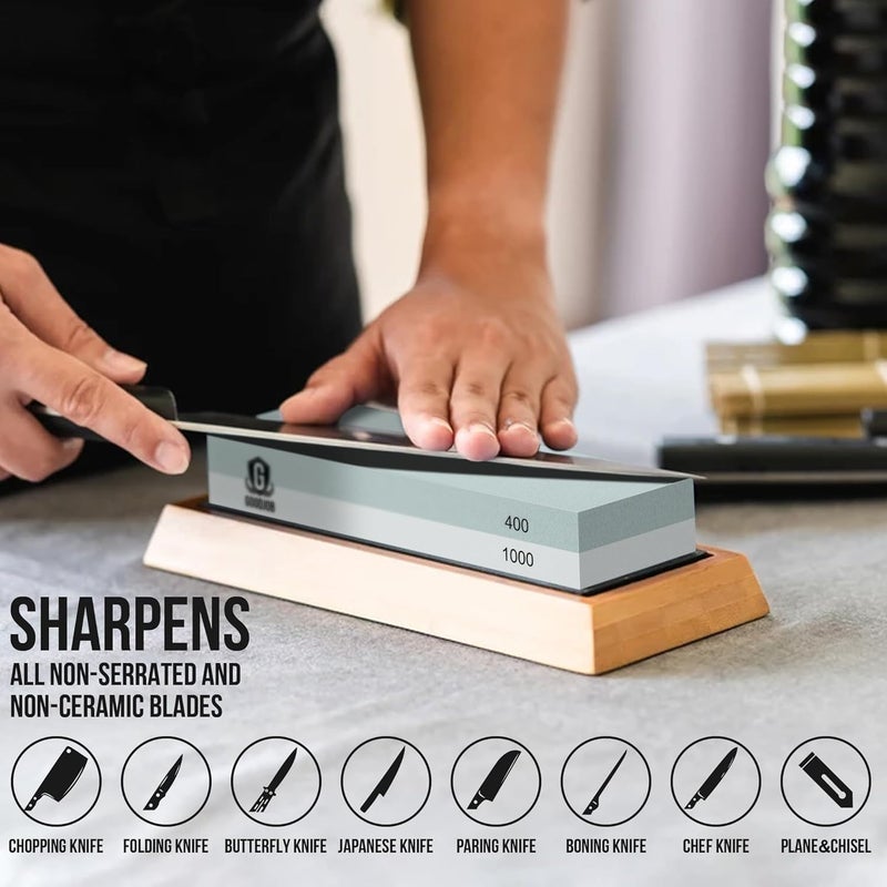 goodjob Complete Knife Sharpening Stone Kit - Premium Whetstone Knife Sharpener Stone - Dual Grit 400/1000 3000/8000 Wet Stone Sharpening Kit with Cut Resistant Gloves, Honing Guide, Bamboo Base - Image 2